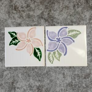2 Hand-painted Plumeria Ceramic Tiles 5.25" VTG 80s Sri Lanka Walltiles Flowers